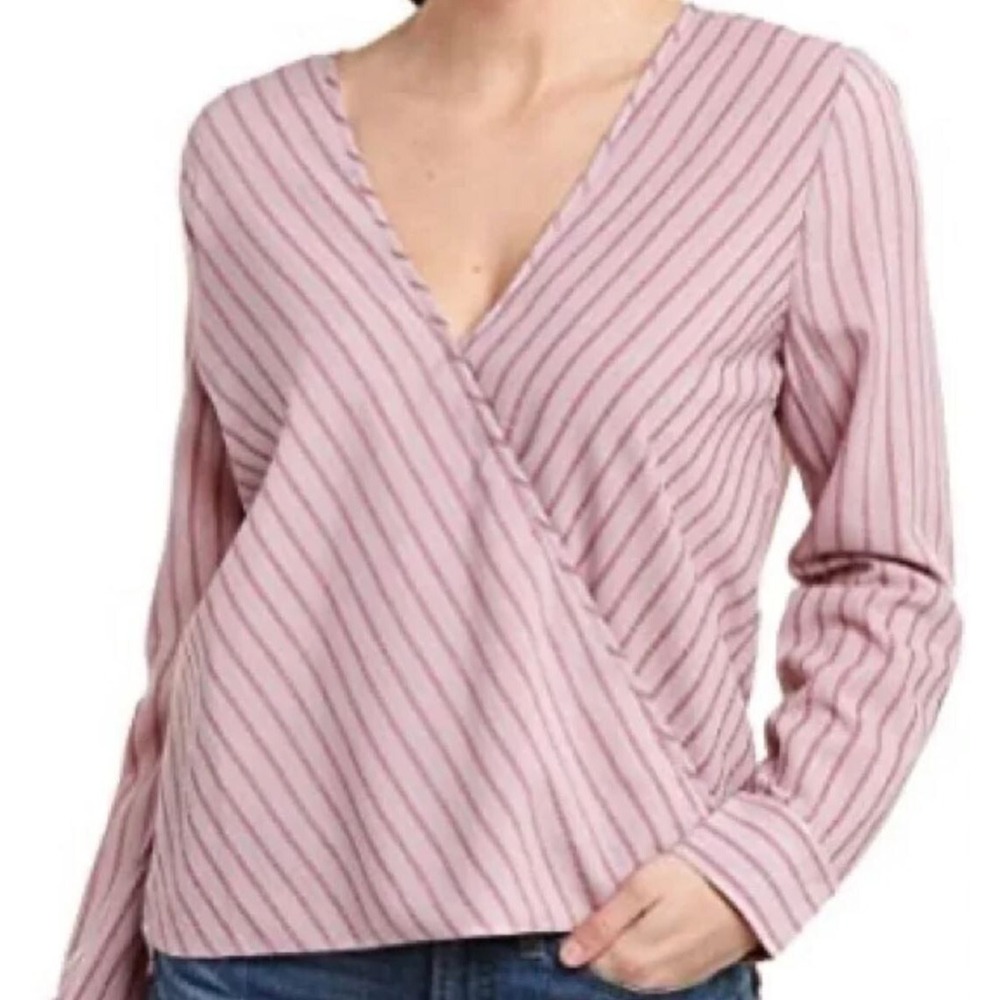 BCBGMAXAZRIA Women Down Pink Striped V-Neck Surplice Blouse S TND1252786-685